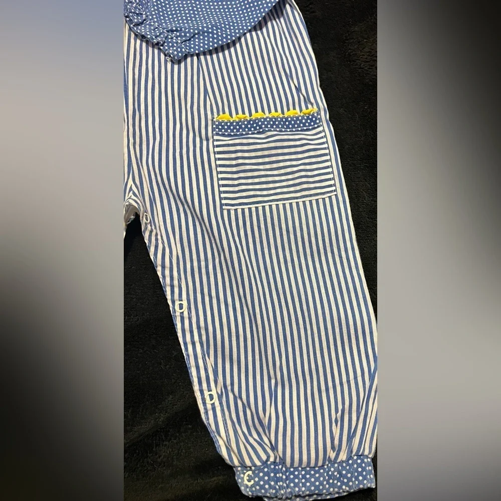 *True Vtg 70’s 2T/3T Baby Boy Home Sewn Blue & White Striped Romper w/ Dinosaur